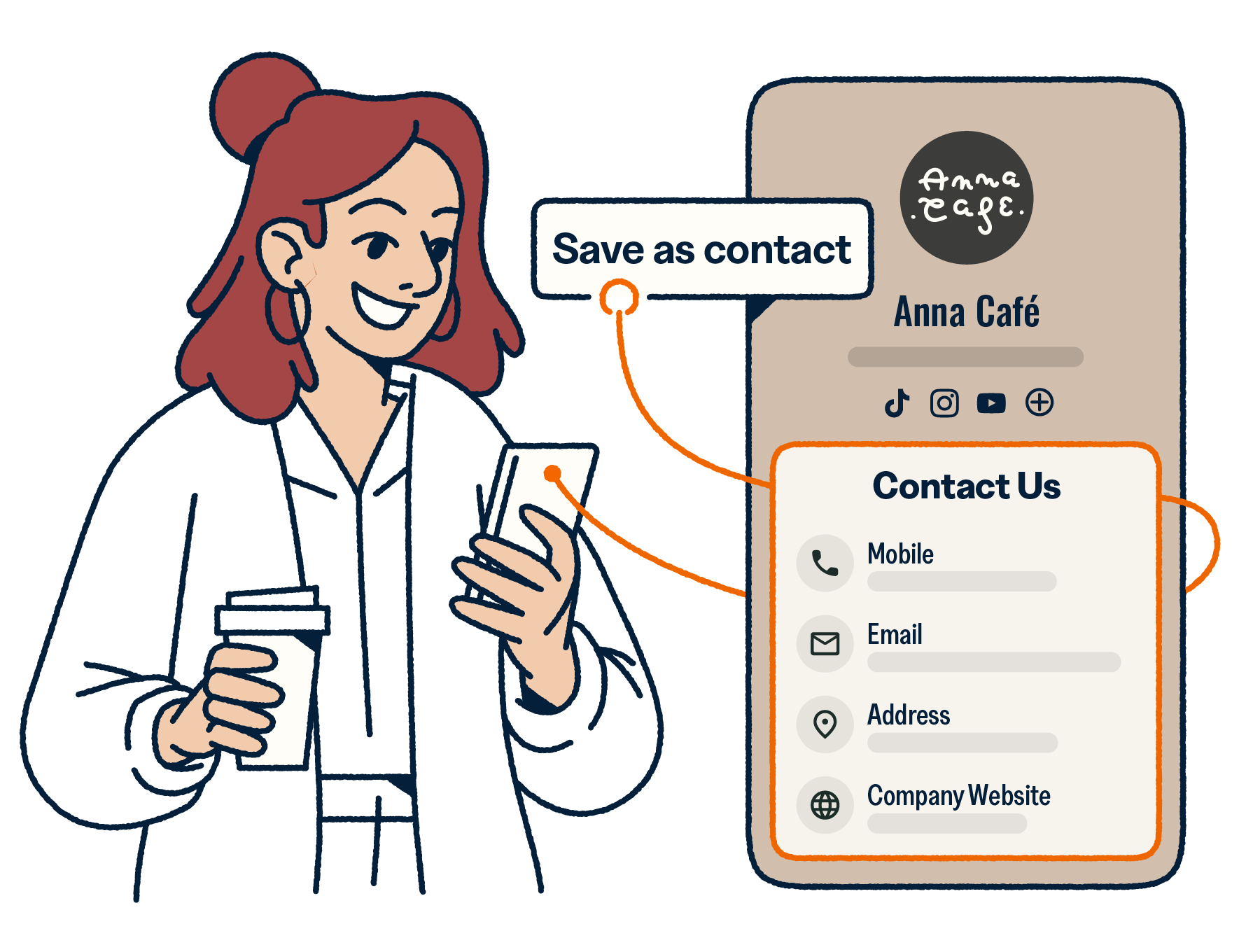 Woman drinking coffee and saving a Bitly digital business card on her phone