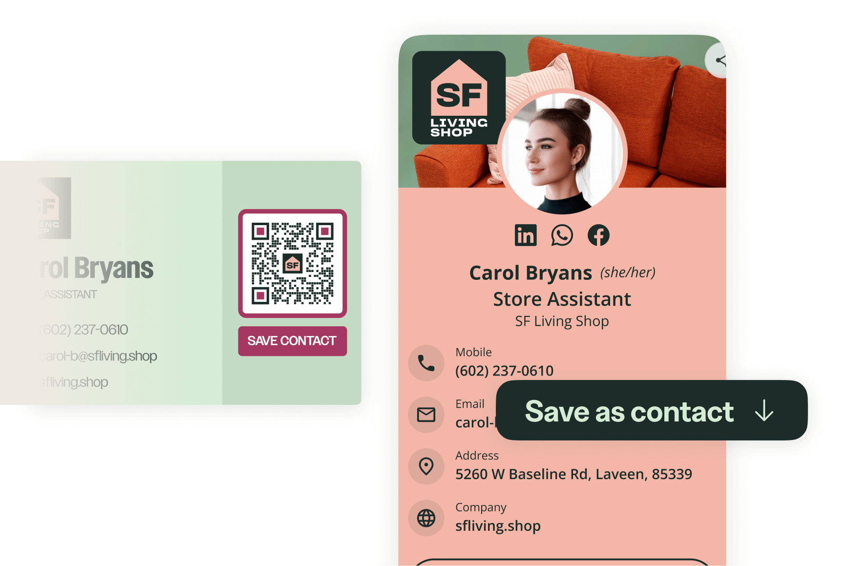 Bitly digital business card example with callout to save as contact