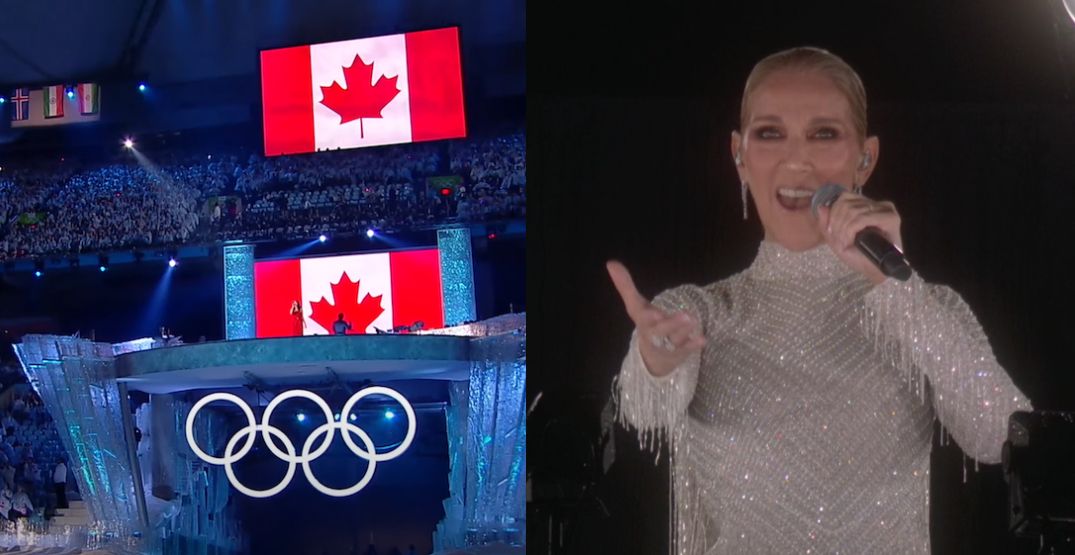 Nikki Yanofsky performing "O Canada" at the Vancouver 2010 Olympic Opening Ceremony (left) and Celine Dion performing at the Paris 2024 Olympic Opening Ceremony (right). (International Olympic Committee | CBC)