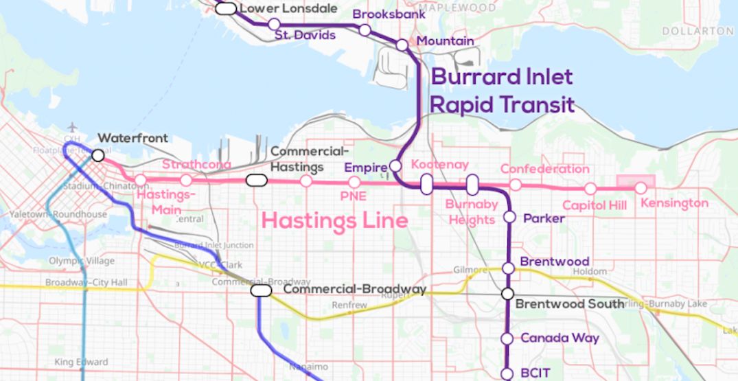 BIRT SkyTrain interlined with a Hastings SkyTrain. (Lee Haber)