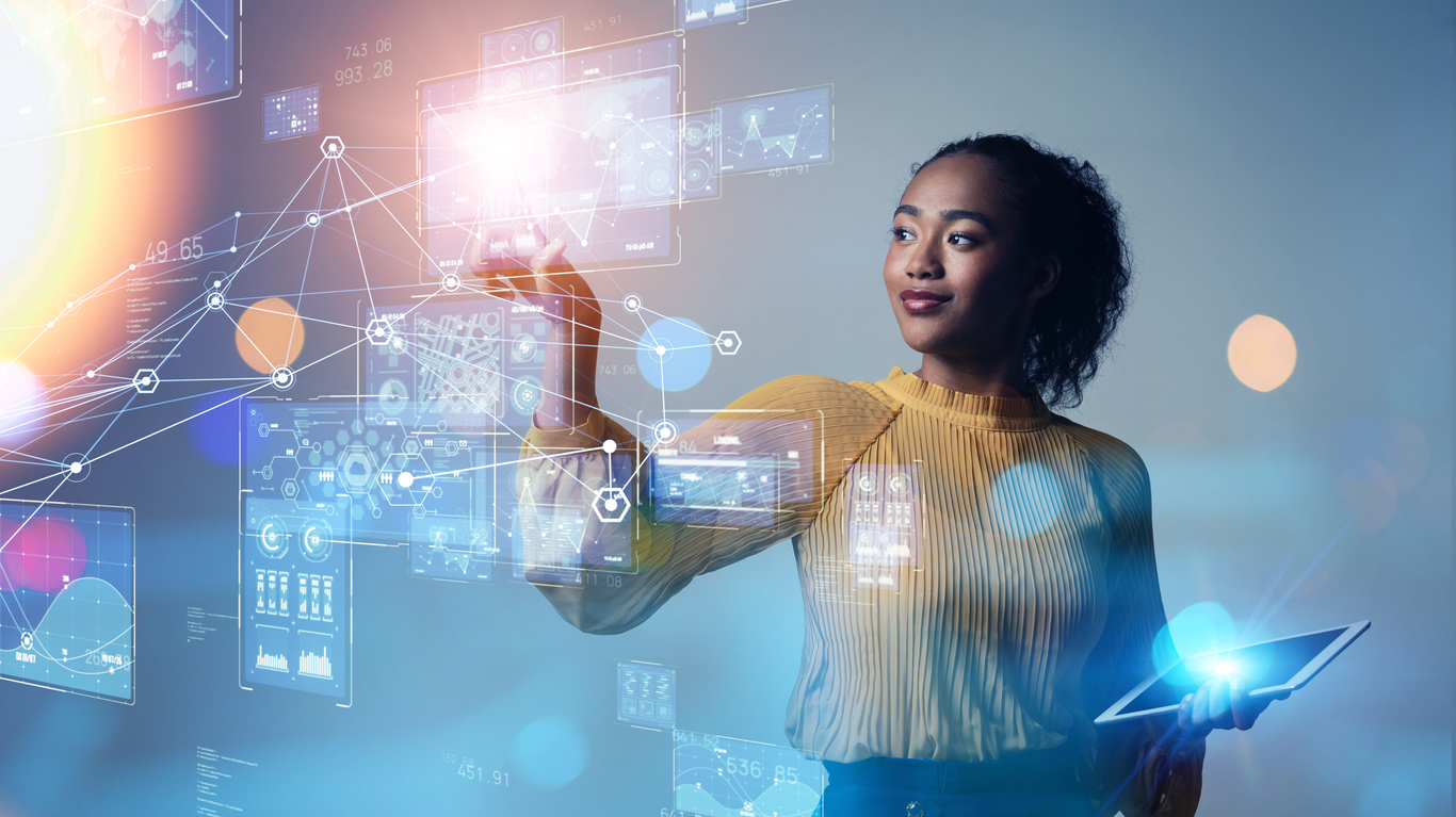 Conceito de transformação digital. Engenharia de Sistemas. Código binário. Programação. Inteligência artificial no varejo ajuda no aumento de vendas.