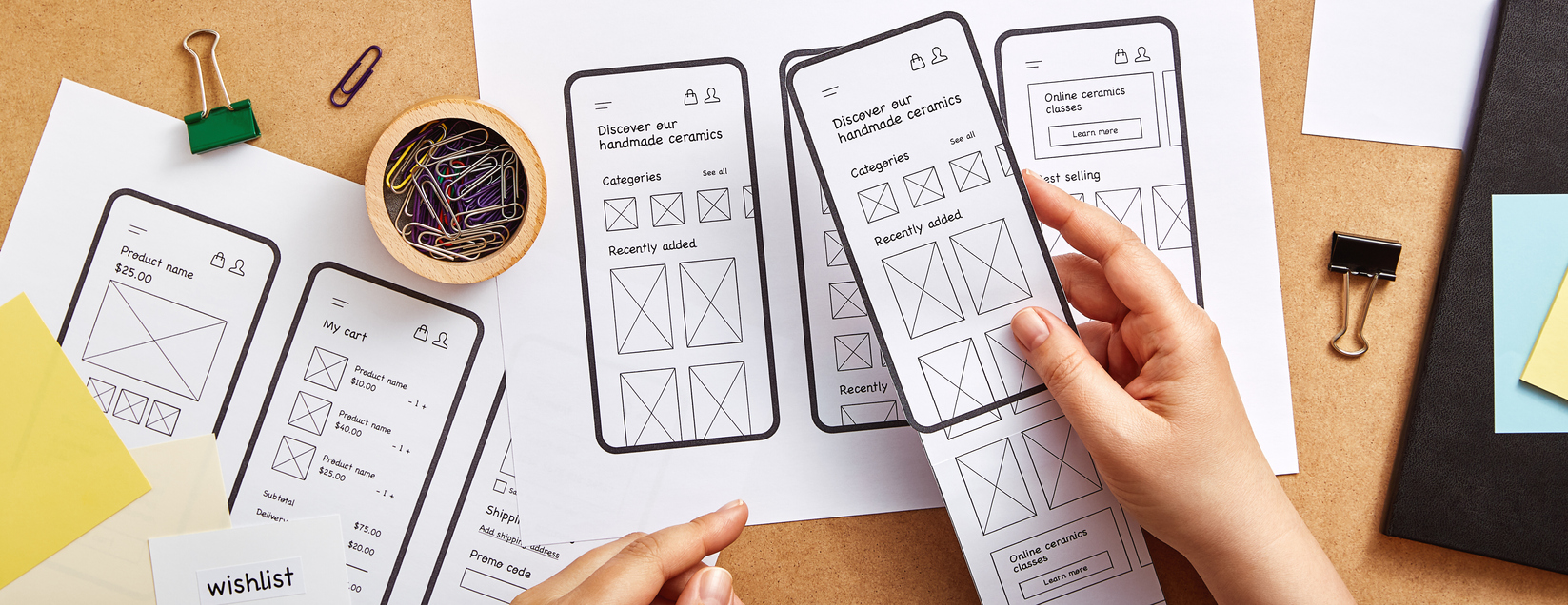 Uma mão aparece mexendo em alguns papeis em cima de uma mesa. Nesses papeis estão desenhados interfaces de algumas páginas na internet enquanto o profissional de UX Design escolhe a melhor estratégia