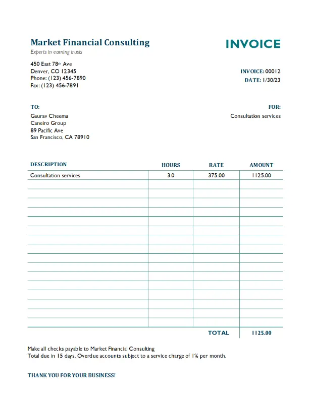 Services invoice with hours and rate green modern simple