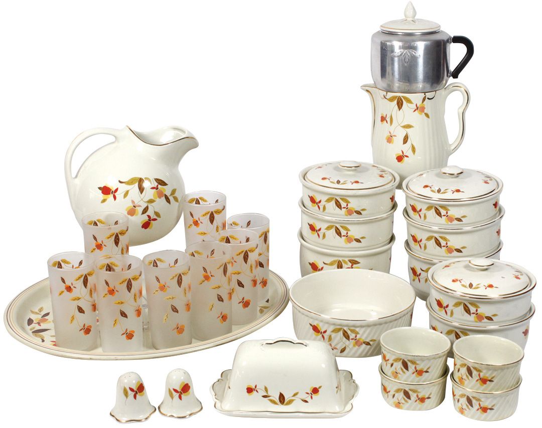 Jewel Tea Autumn Leaf 27 Ball Pitcher W 8 Frosted Iced Tea Glasses Metal Tray Coffee Pot W Met