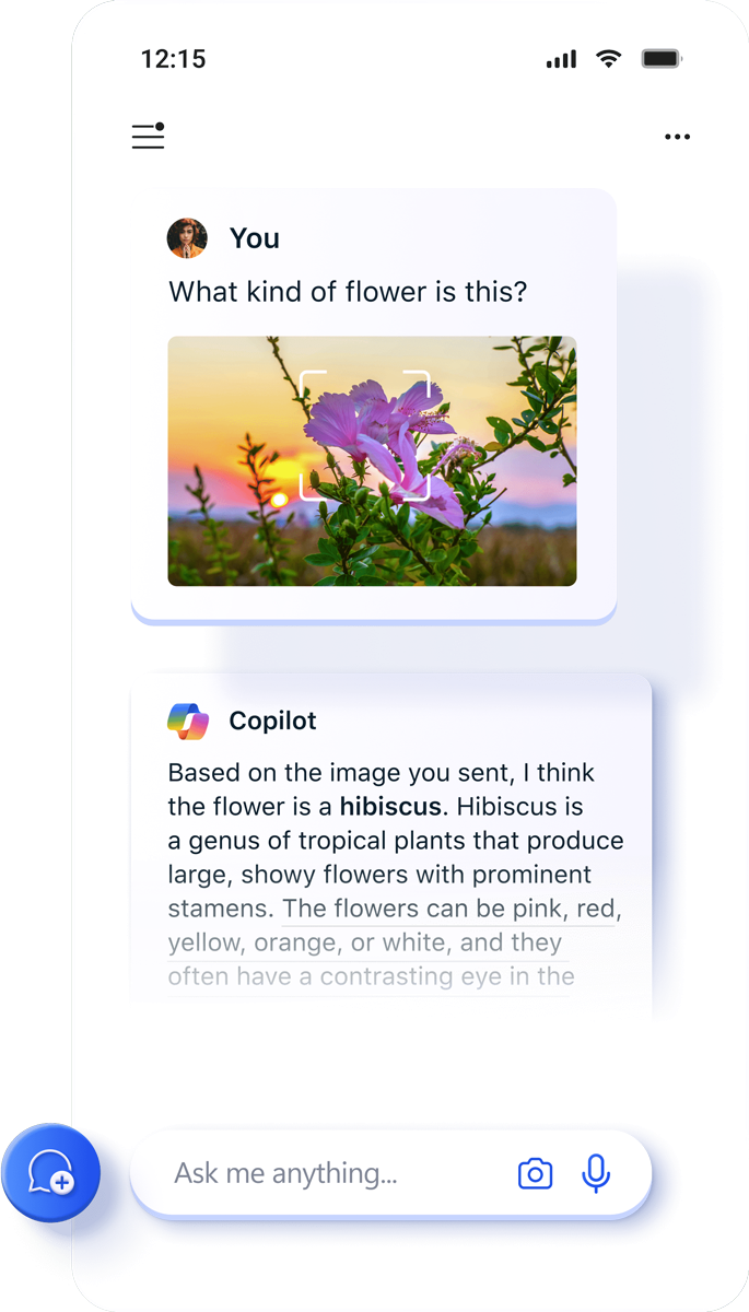 تطبيق Copilot معاينة صورة لزهرة يتم التعرف عليها.