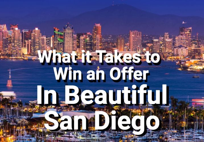 San Diego skyline at dusk with overlay text.