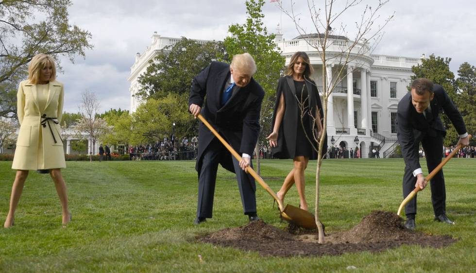 El presidente de EE UU, Donald Trump (izquierda), y el de Francia, Emmanuel Macron, plantan el Ã¡rbol en el jardÃ­n de la Casa Blanca en abril de 2018.
