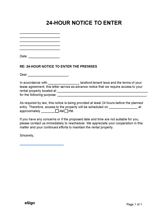 Landlord 24 Hour Notice To Enter Template
