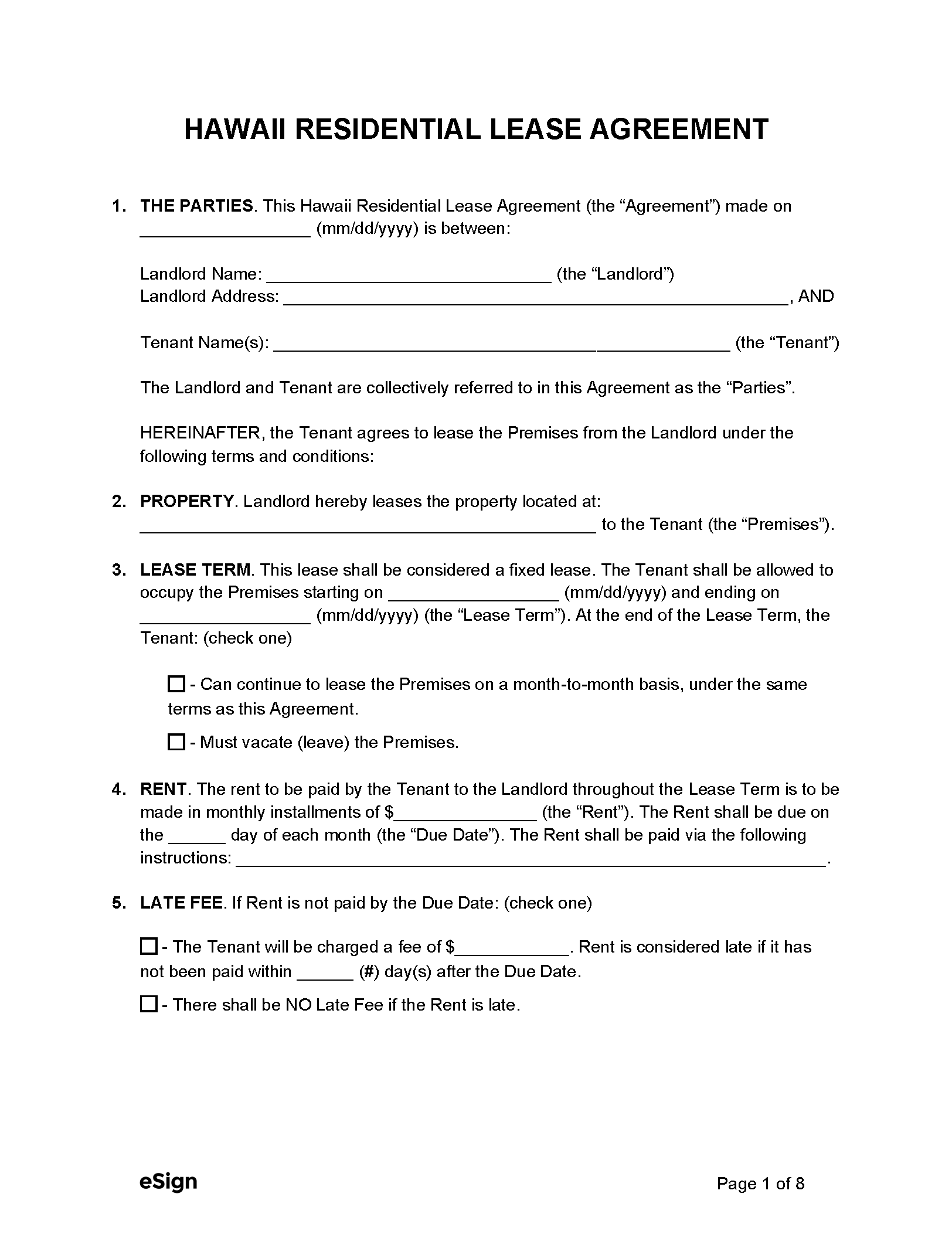 Free Hawaii Standard Residential Lease Agreement PDF Word