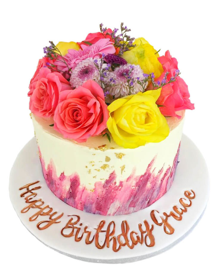 cake with pink flowers stroke copy
