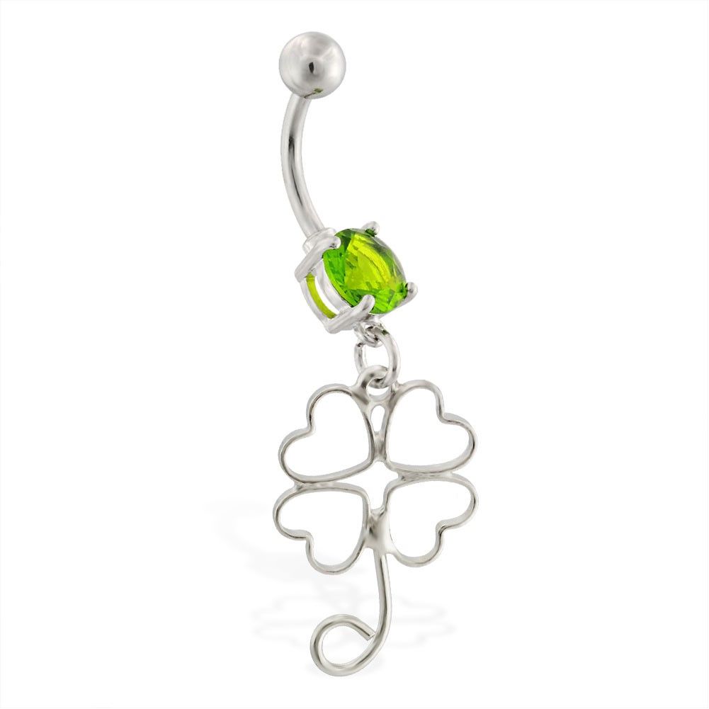 Belly Ring With Dangling Four Leaf Clover Outline With Regard To Best And Newest Dangling Four Leaf Clover Rings (Gallery 5 of 25)