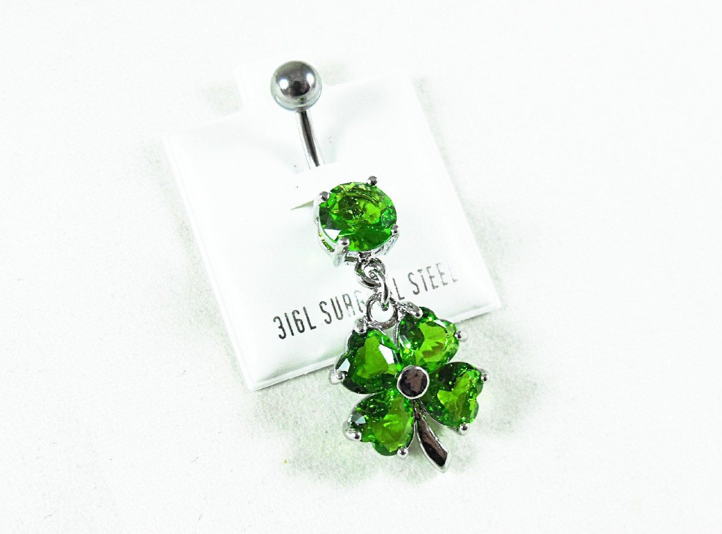 Dangle Belly Ring, Cz Green Shamrock Or Four Leaf Clover Womens Gift Pertaining To Most Up To Date Dangling Four Leaf Clover Rings (Gallery 24 of 25)