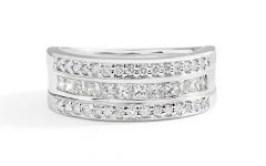 Princess-cut and Round Diamond Three Row Anniversary Bands in White Gold