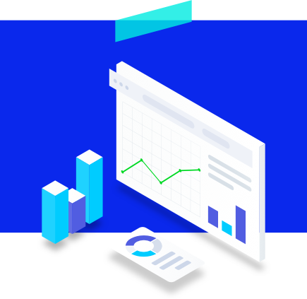 3D illustrations of a bar chart, pie chart and line graph on a dashboard.