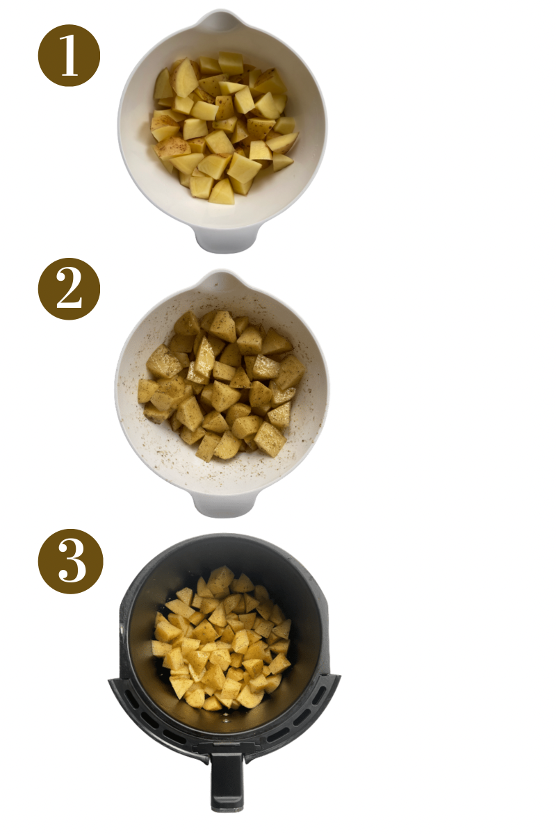 Steps to make air fryer gold potatoes. Specifics provided in recipe card.