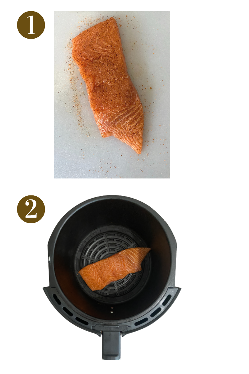Steps to make air fryer salmon. Specifics provided in recipe card.