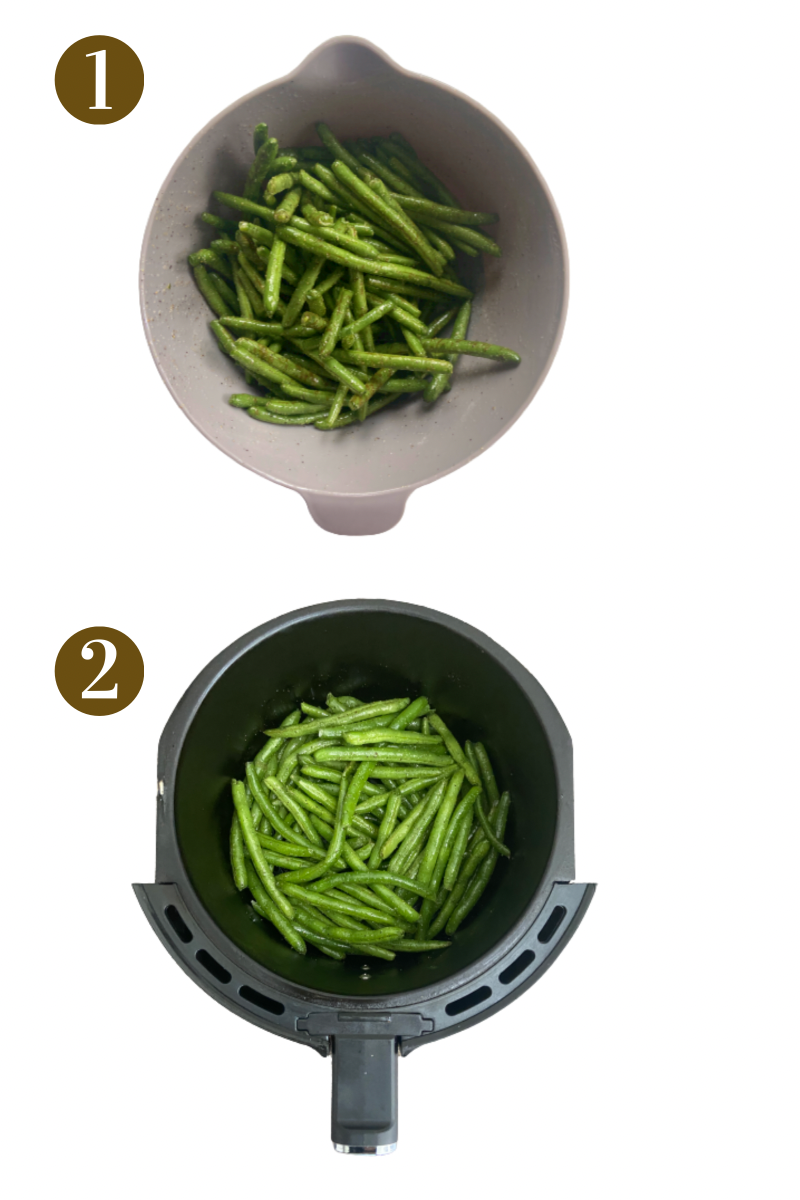 Steps to make air fryer green beans. Specifics provided in recipe card.