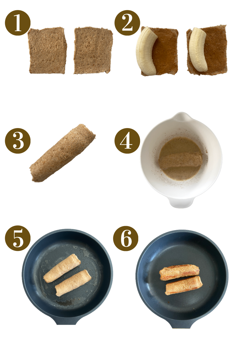 Step by step photos demonstrating how to make peanut butter and banana roll ups. Specifics provided in recipe card.