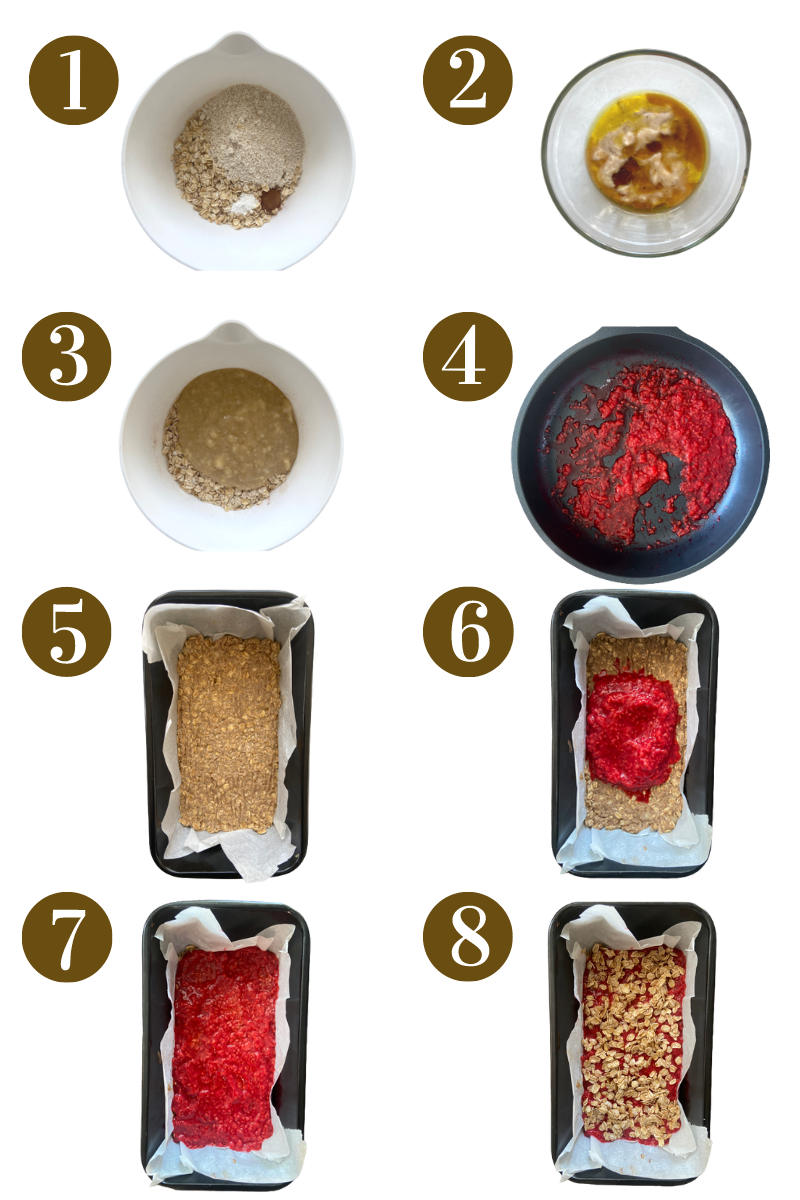 Steps to make raspberry oat bars. See recipe card for detailed step by step process instructions.