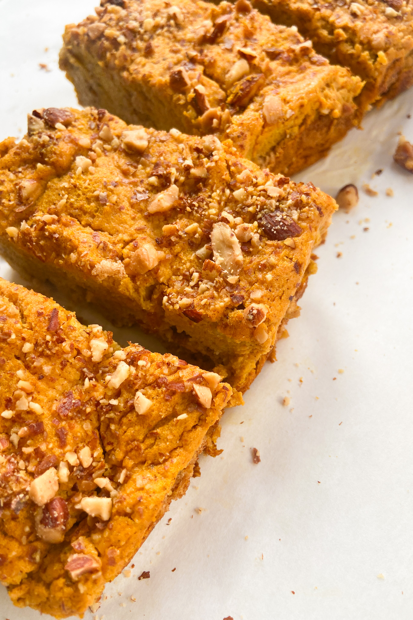 Pumpkin French toast bake sliced into pieces