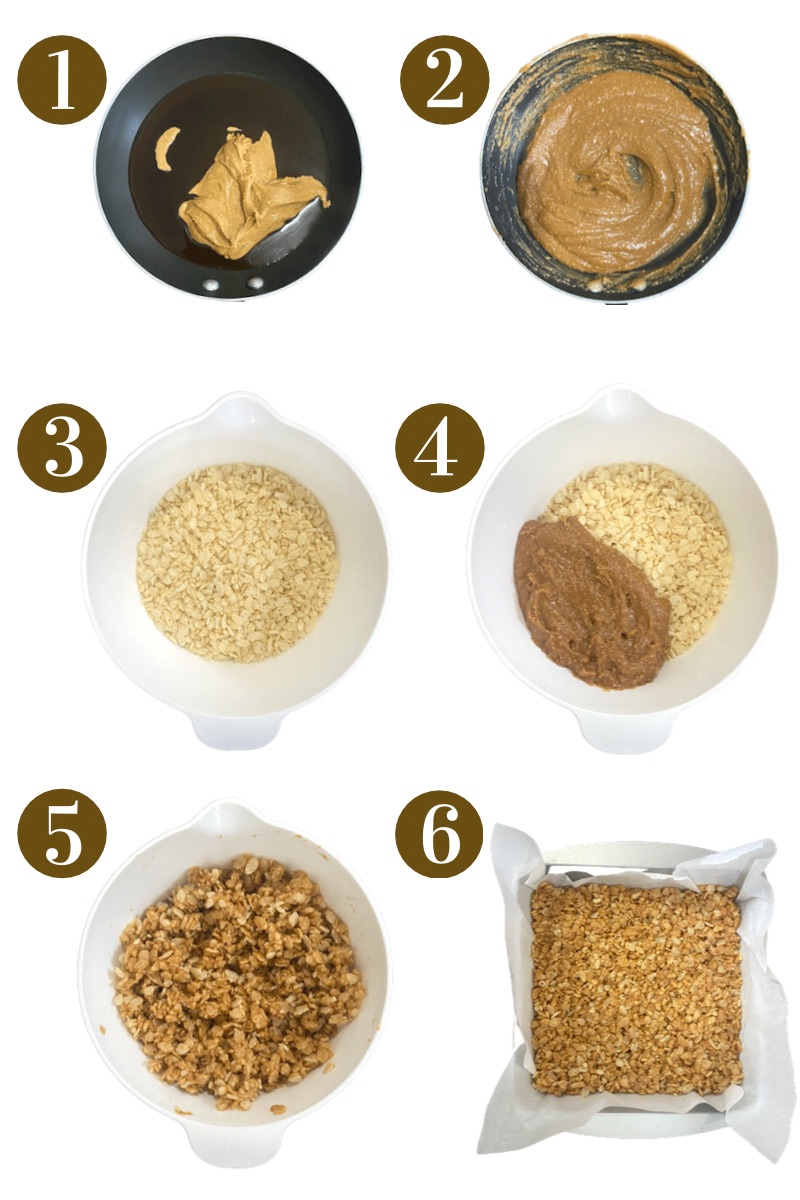 Steps to make peanut butter rice crispie treats. Specifics provided in recipe card.