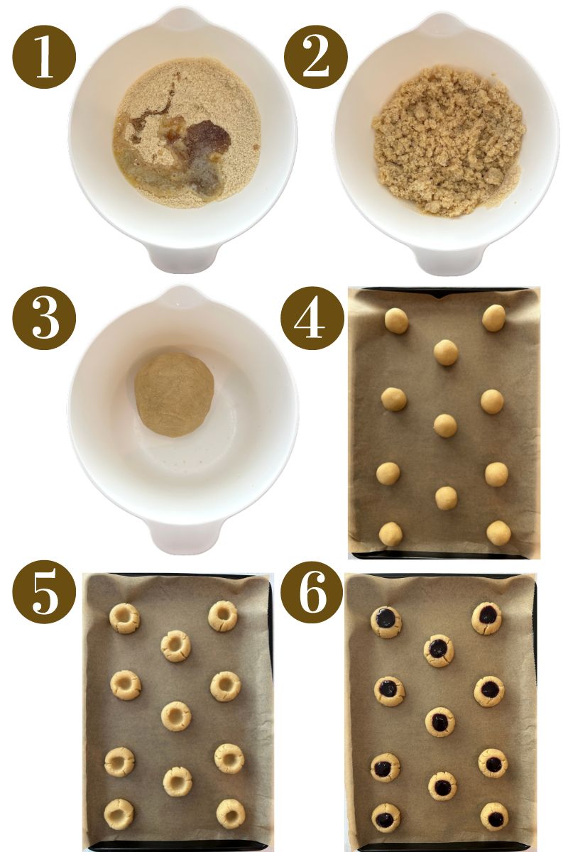 Steps to make almond flour thumbprint cookies.