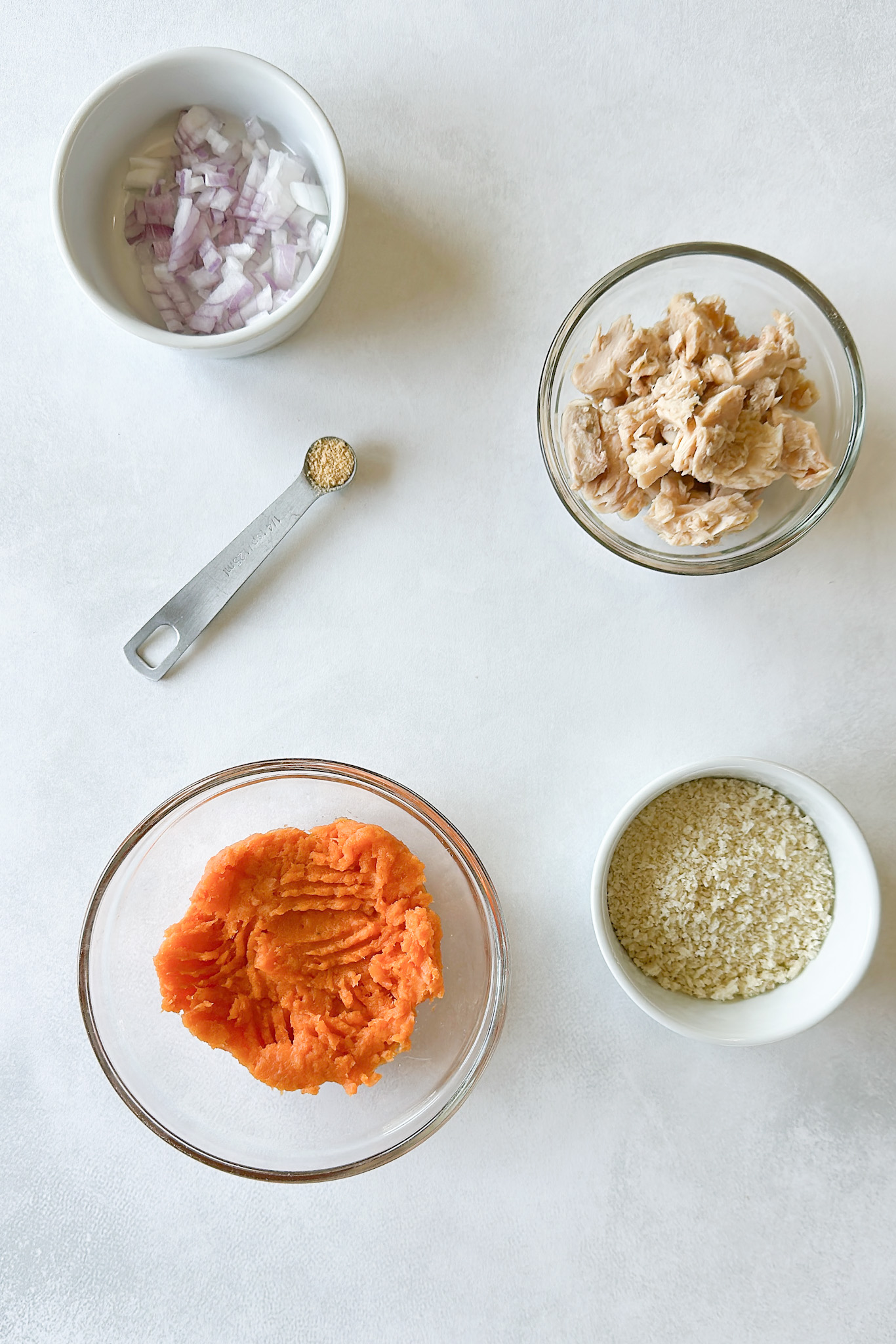Ingredients to make sweet potato salmon cakes.