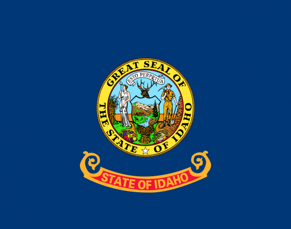 Die Flagge von Idaho zeigt das Staatswappen auf blauem Hintergrund. In der oberen Hälfte des Wappens befinden sich die Worte 'State of Idaho' und unten ein Bild von Felsen, Wasserfall und Prärie. Das Wappen ehrt die natürliche Schönheit und Ressourcen des Staates Idaho.
