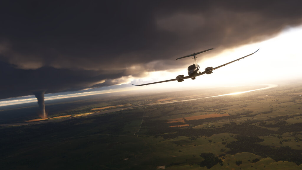 A Diamond DA62 with scientific instruments flies toward a tornado