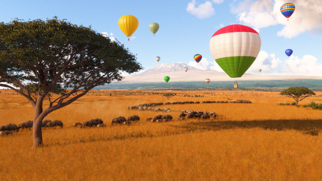 Several hot air balloons fly over an African savannah. A large herd of animals are visible below, and Mount Kilimanjaro is in the background