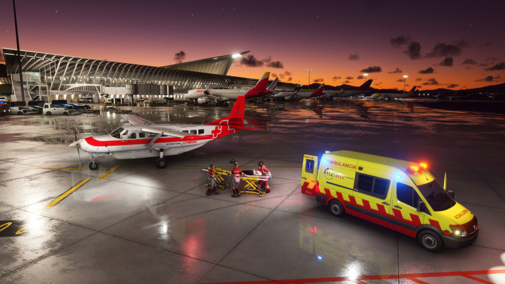 An ambulance delivers a patient to a waiting Cessna Grand Caravan for medevac