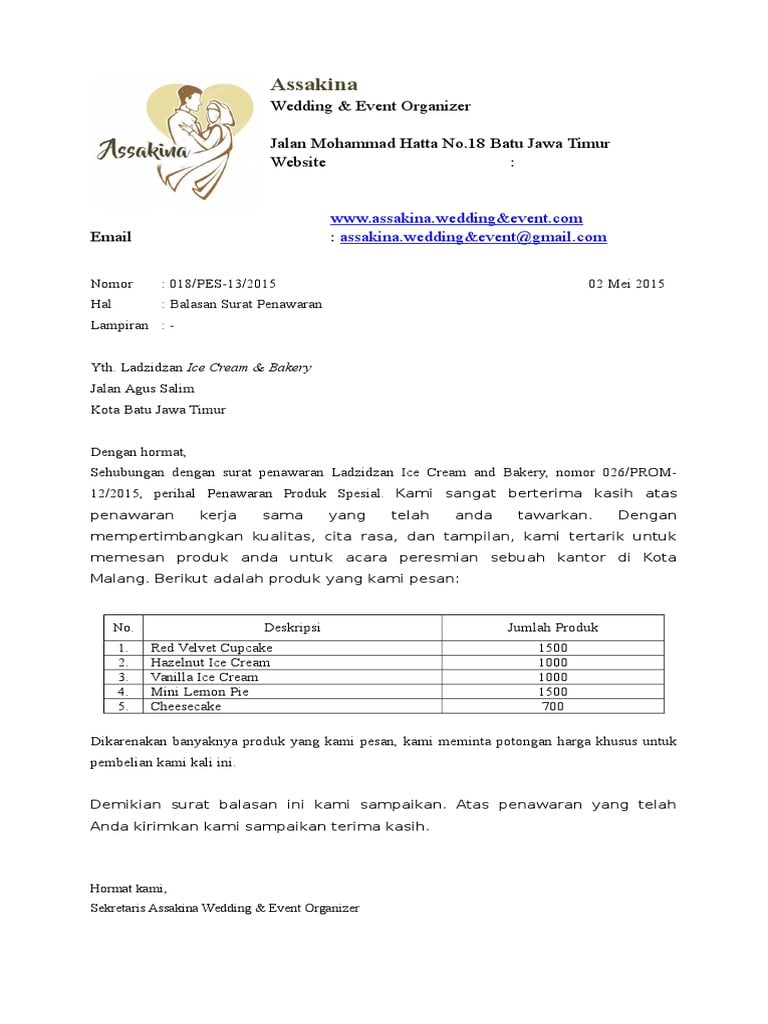 Contoh Kop Surat Balasan Penawaran Ladzidzan Contoh Kop Surat 026PROM-122015 5 Maret 2015 dengan ini kami memesan produk kuliner dari perusahaan Ladzidzan Ice Cream.