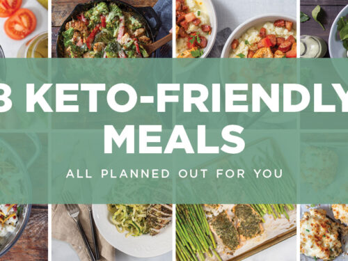 8 Keto-Friendly Meals graphic crid with recipe pictures