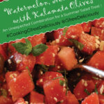 A serving bowl with Watermelon, Mint, and Feta with Kalamata Olives Pinterest Share Graphic 800x1200px