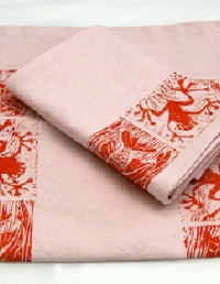 Lino Printed Serviettes & Table Orange on Pink Linen - Copy