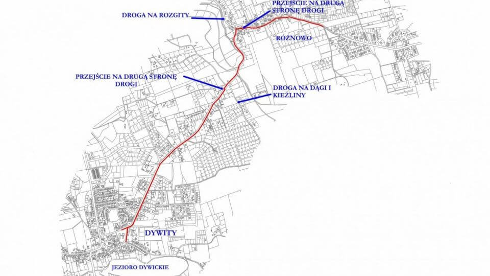 Mapa fragmentu gminy Dywity z oznaczeniem nowej ścieżki pieszo-rowerowej