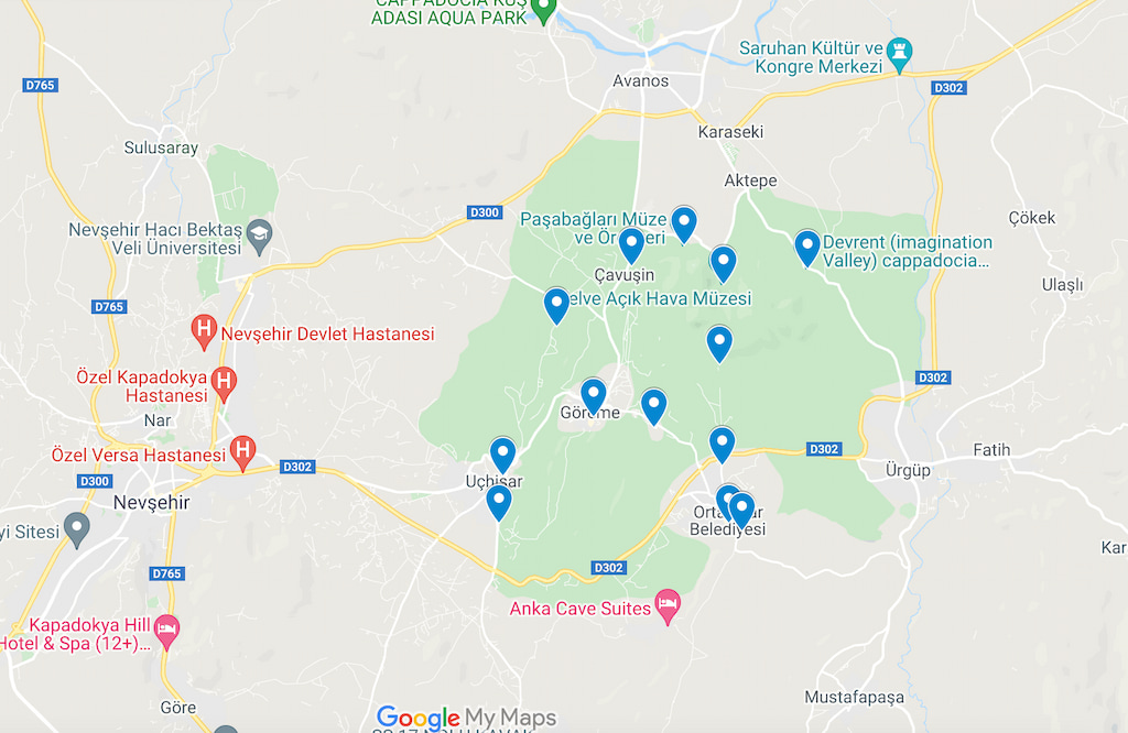 map of things to do in Cappadocia