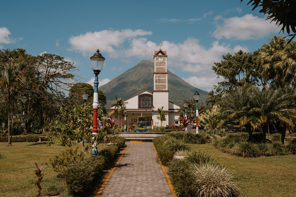 La Fortuna Costa Rica town centre with Arenal Volcano in the background