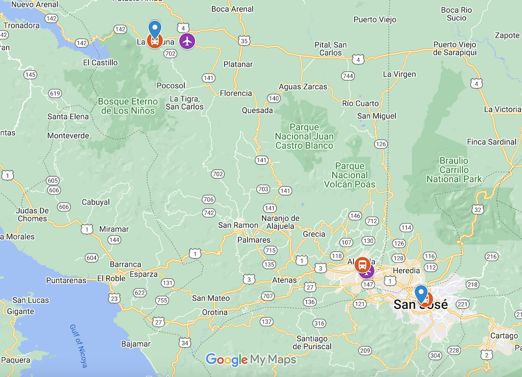 map of San Jose Airport to La Fortuna