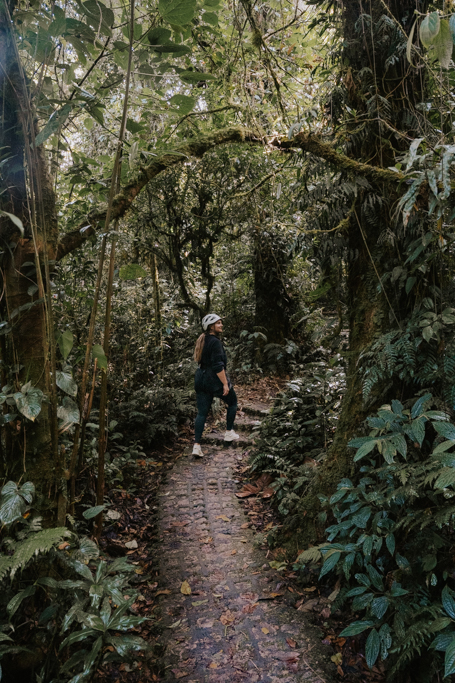 A female walking on a path through the rainforest with ziplining helmet and harness on