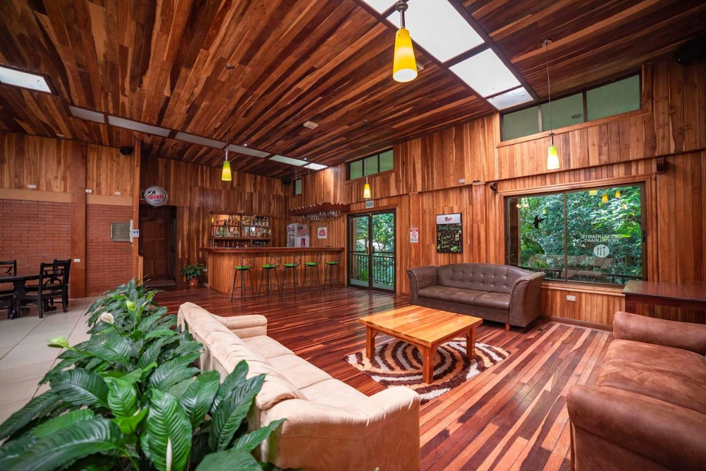 wood interior of a reception area at a best hotels in Monteverde