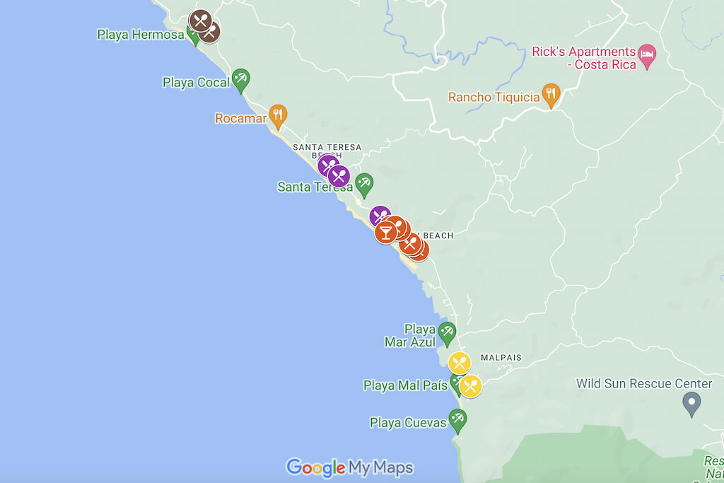 map of best restaurants in Santa Teresa Costa Rica