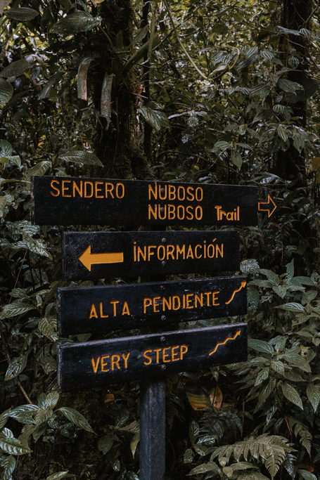 wooden trail signs in the Monteverde Cloud Forest Reserve