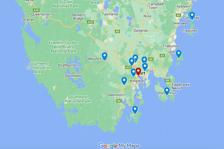 Map of day trips from Hobart tasmania