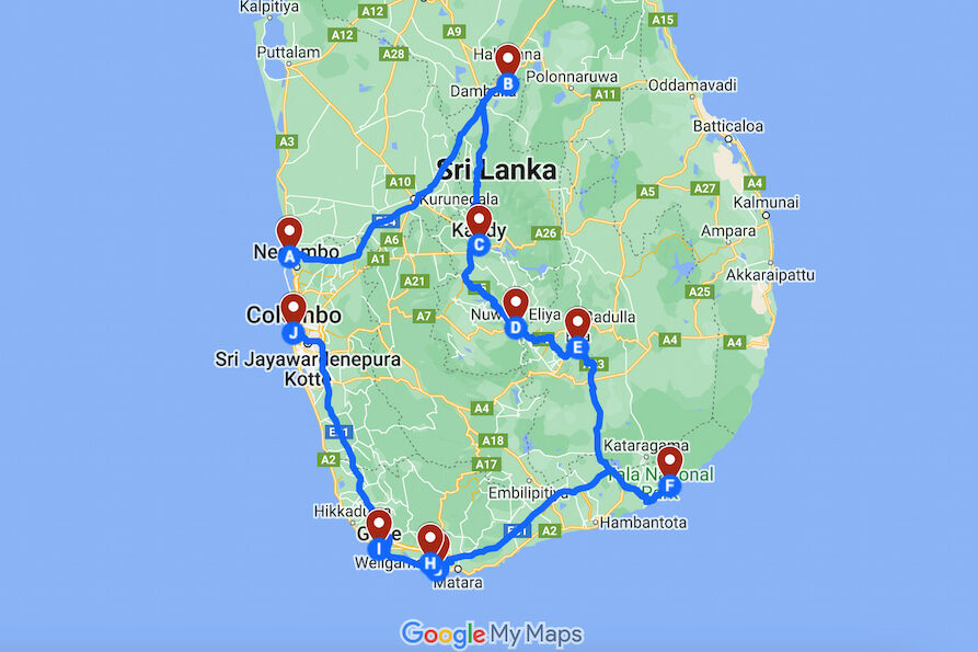 Map for 3 week Sri Lanka itinerary route