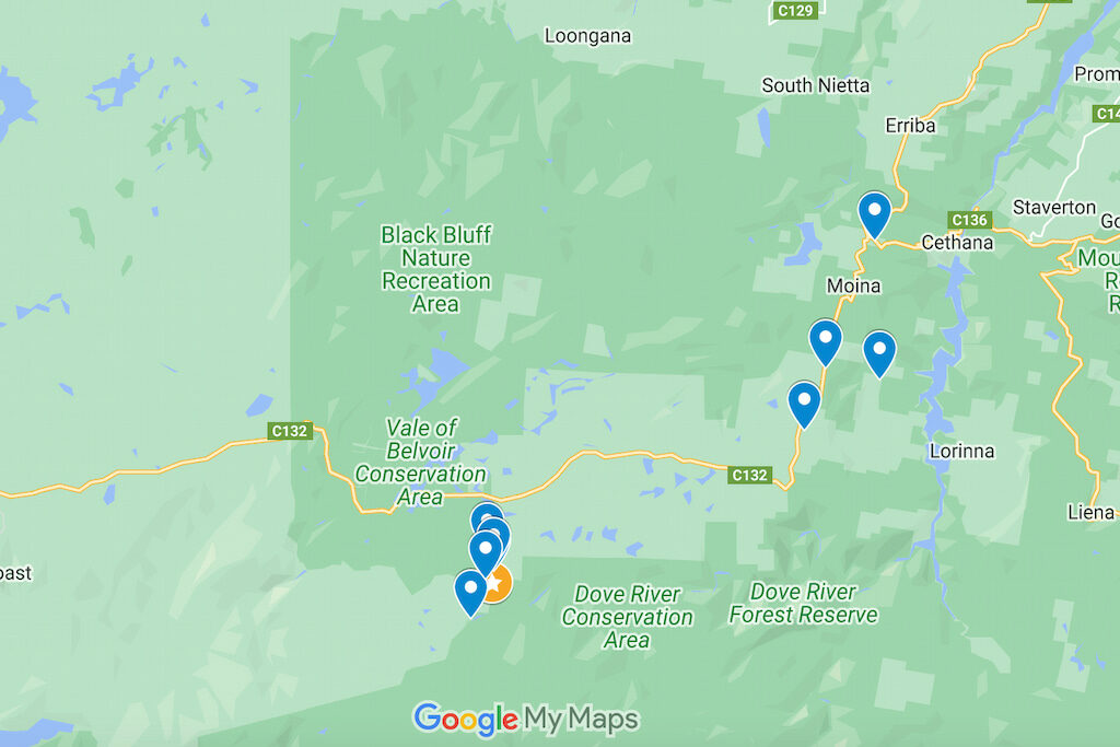 map of accommodation in cradle mountain area of tasmania