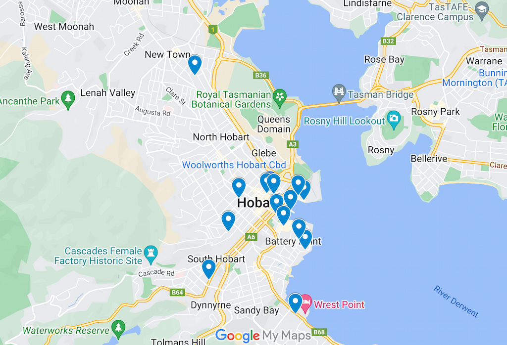 map of Hobart boutique hotels
