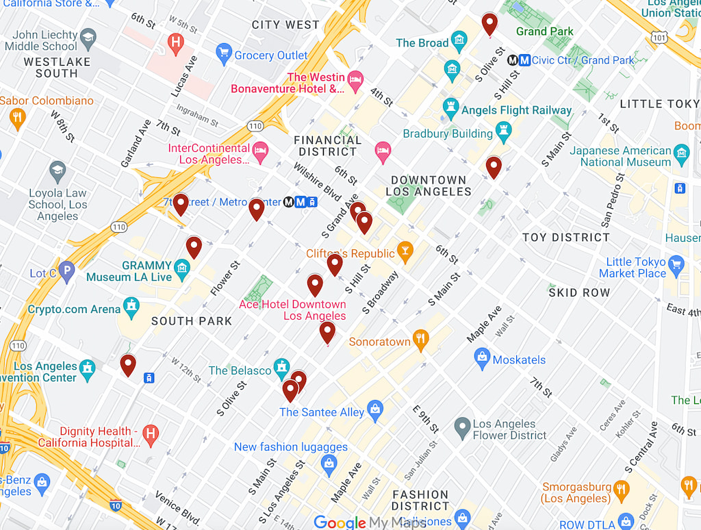 map of best boutique hotels in downtown Los Angeles CA