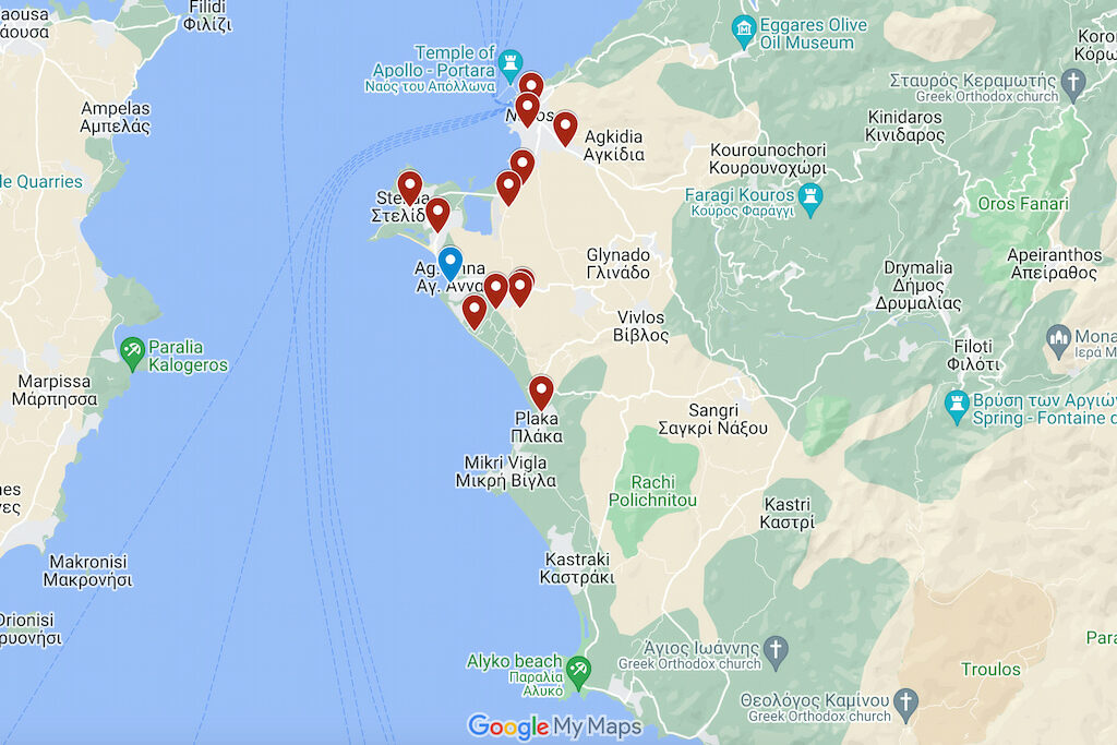 Map of best boutique hotels in Naxos Greece