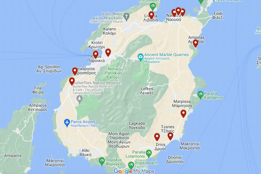 Map of best boutique hotels in Paros Greece